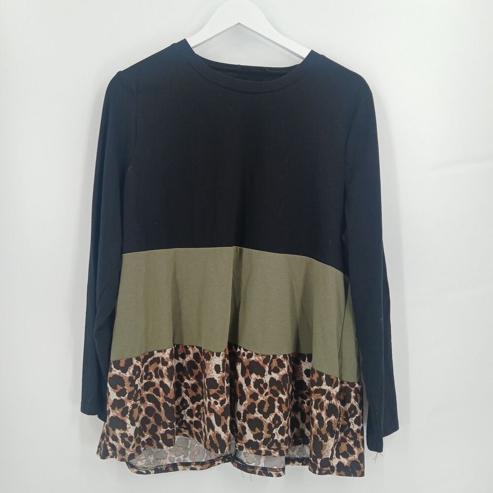 SHEIN Curve Women 2XL Colorblock Leopard Print Long Sleeve Tunic Top Olive Green